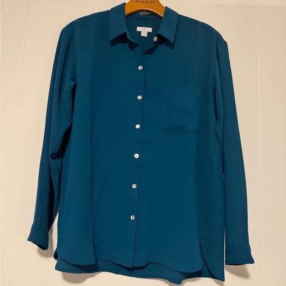 J Jill Polyester Emerald Green Long sleeve button up pleat back top Size Small - Picture 1 of 10